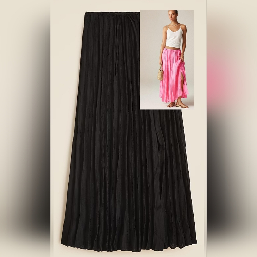 NWT Black J. Crew Pleated drawstring maxi skirt in linen blend, Size XXS